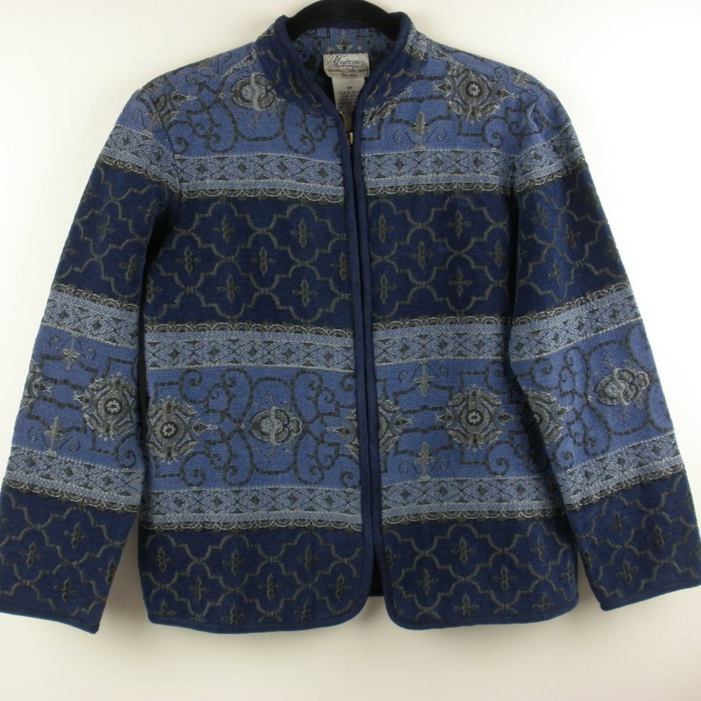 Vintage Blue & Black Tapestry Jacket Women's Size 8P Petites Full Zip Sears